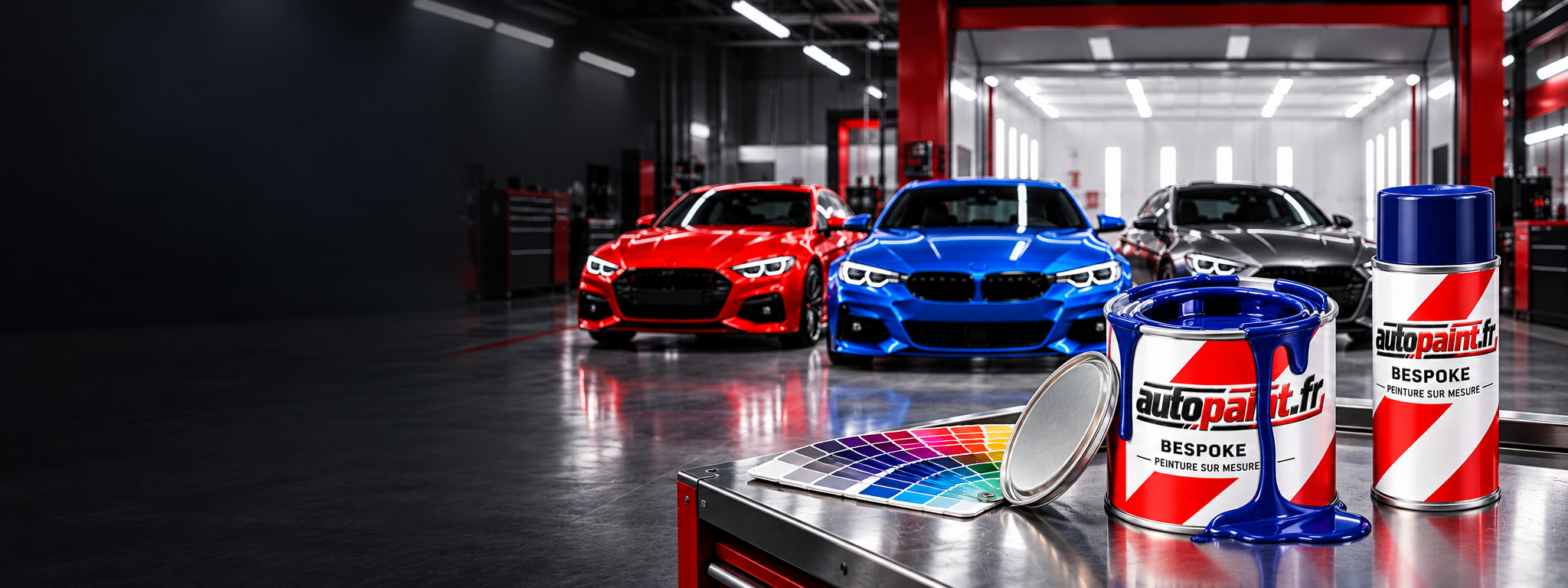 Pot de peinture et aérosol Autopaint BESPOKE dans un atelier de peinture automobile