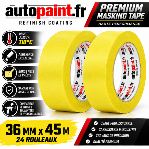 Ruban de Masquage Haute Performance Jaune 36 mm × 45 m – Carton de 24 Rouleaux Ruban de Masquage Haute Performance Jaune 36 mm × 45 m – Carton de 24 Rouleaux